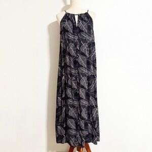 Hula Bay Tropical Leaf Halter Tie Side Slit Maxi Dress